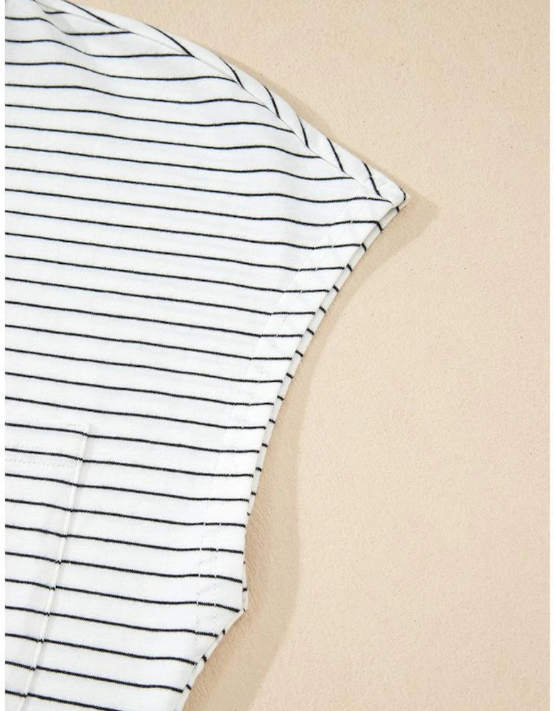 White Stripe Cap Sleeve Crew Neck Casual Tee with Chest Pocket