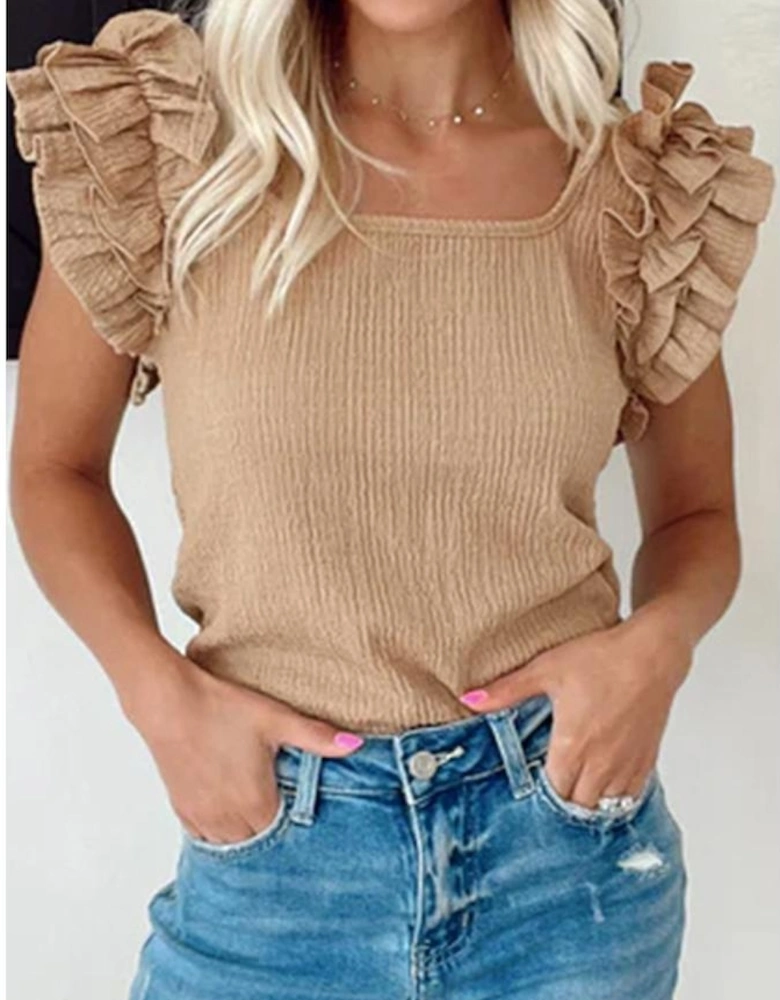 Smoke Gray Ruffled Tiered Sleeve Square Neck Textured Top