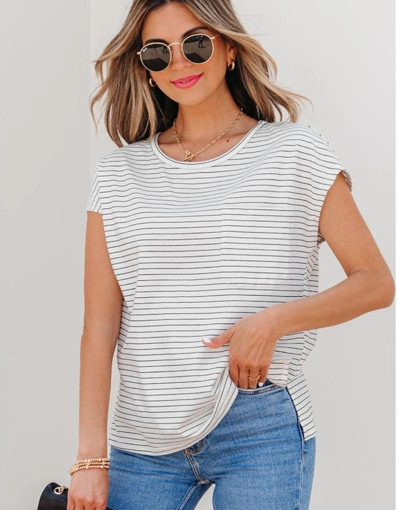 White Stripe Cap Sleeve Crew Neck Casual Tee with Chest Pocket