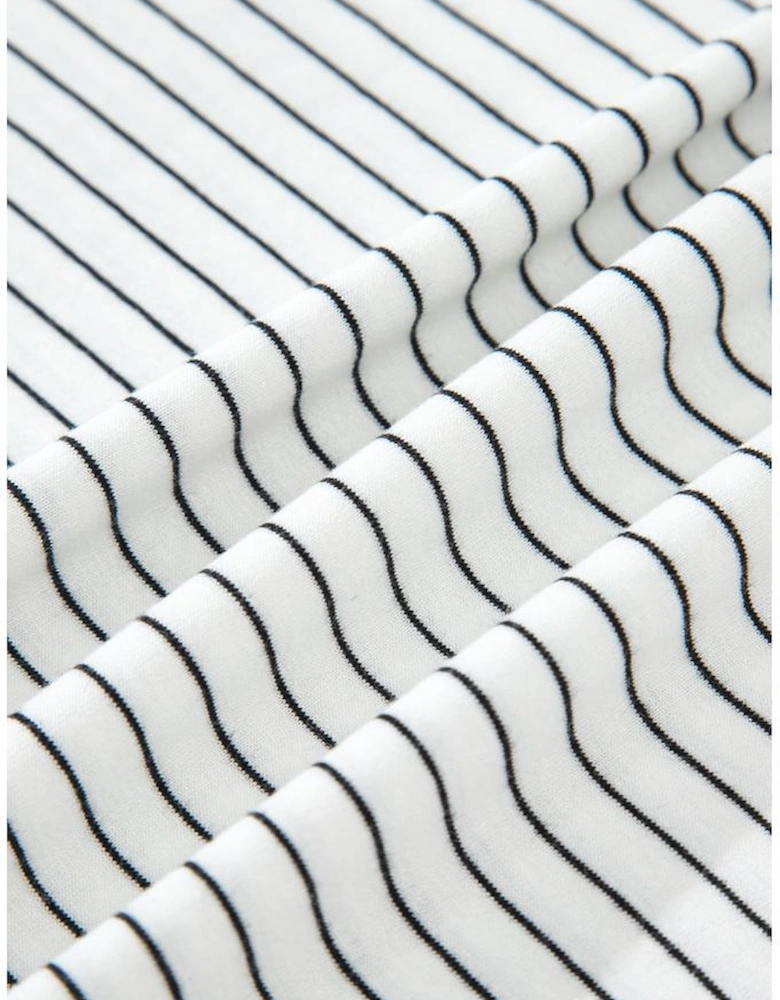 White Stripe Cap Sleeve Crew Neck Casual Tee with Chest Pocket