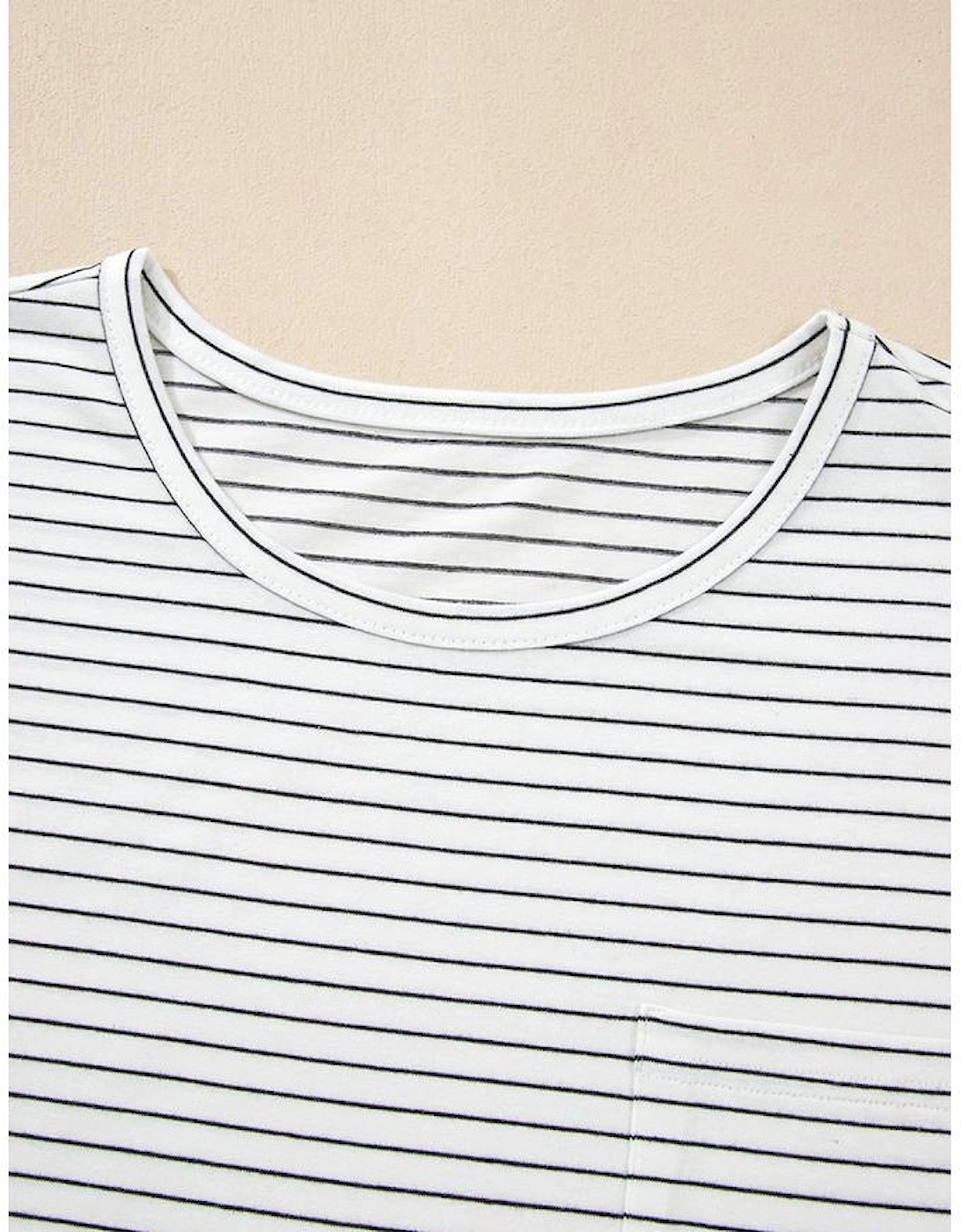 White Stripe Cap Sleeve Crew Neck Casual Tee with Chest Pocket