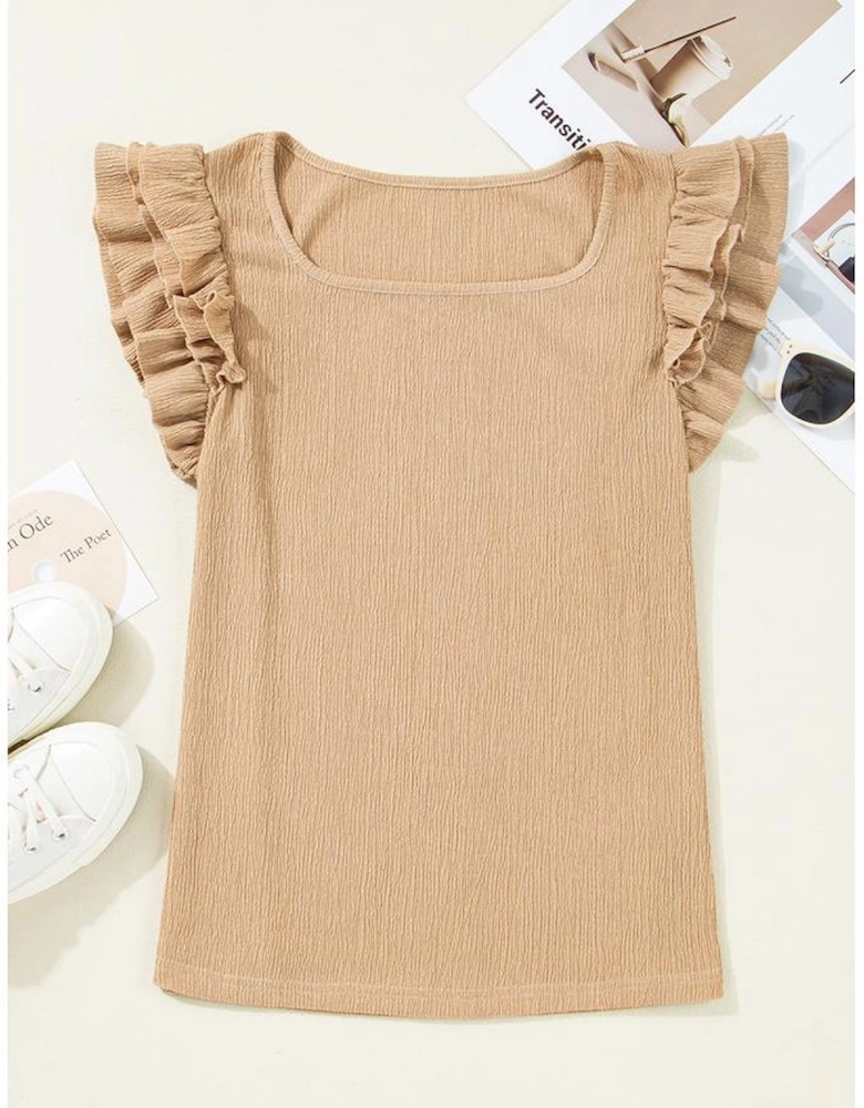 Smoke Gray Ruffled Tiered Sleeve Square Neck Textured Top