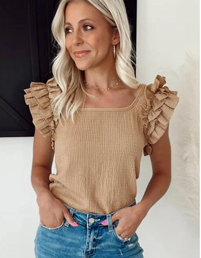 Smoke Gray Ruffled Tiered Sleeve Square Neck Textured Top