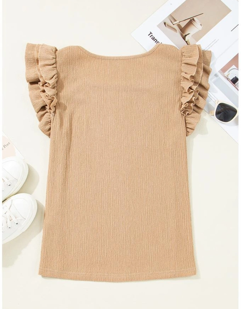 Smoke Gray Ruffled Tiered Sleeve Square Neck Textured Top