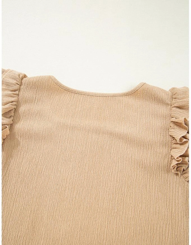 Smoke Gray Ruffled Tiered Sleeve Square Neck Textured Top