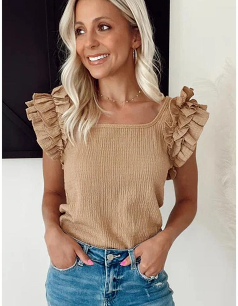 Smoke Gray Ruffled Tiered Sleeve Square Neck Textured Top