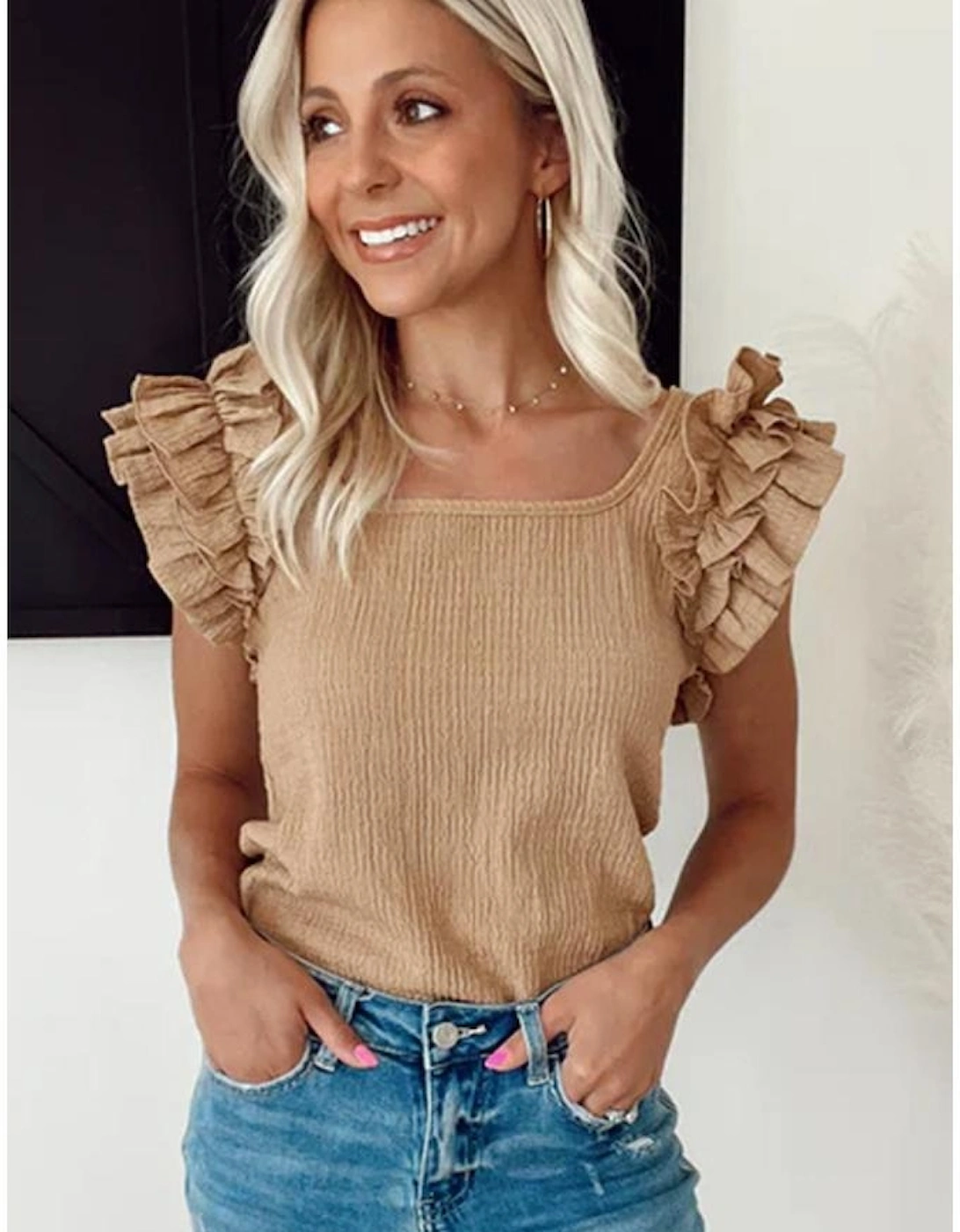 Smoke Gray Ruffled Tiered Sleeve Square Neck Textured Top