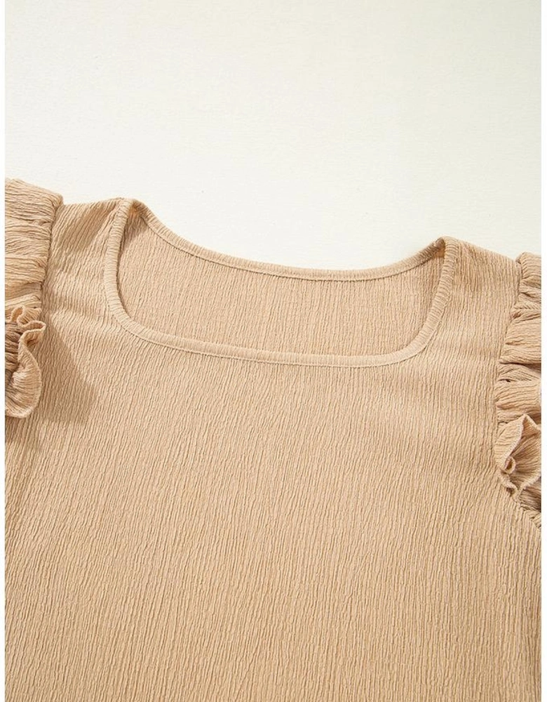 Smoke Gray Ruffled Tiered Sleeve Square Neck Textured Top