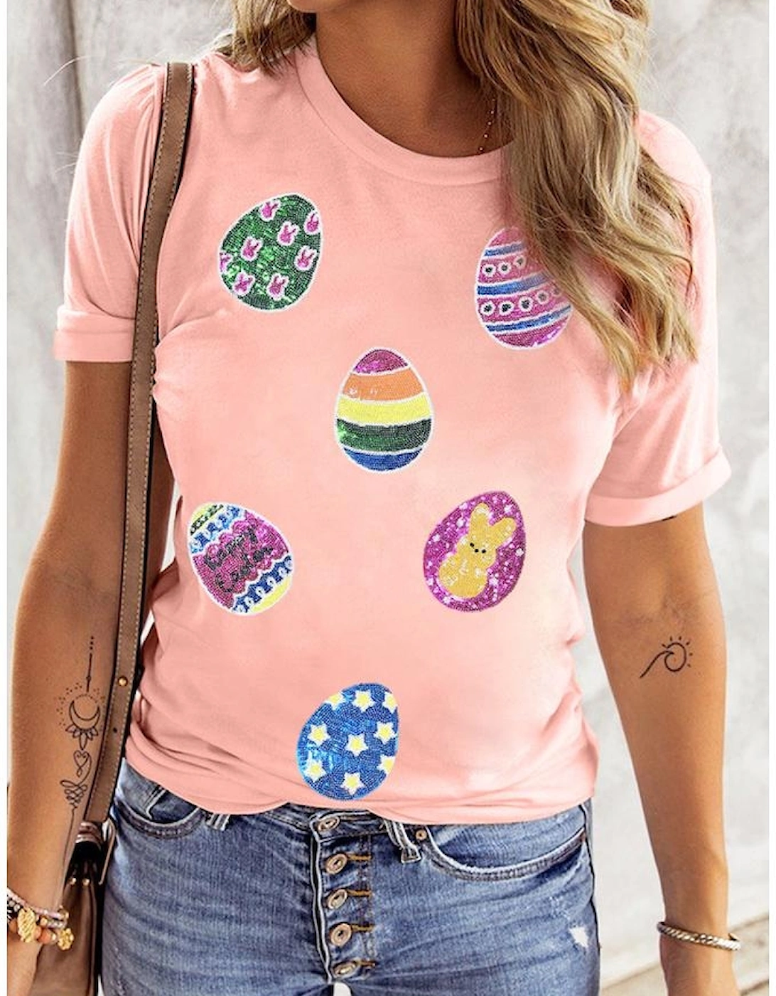 Pink Sequin Easter Eggs Graphic Crewneck T Shirt