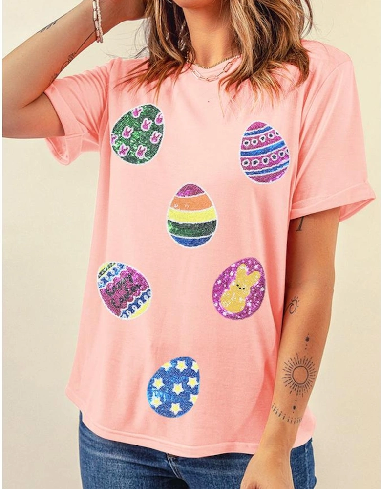 Pink Sequin Easter Eggs Graphic Crewneck T Shirt