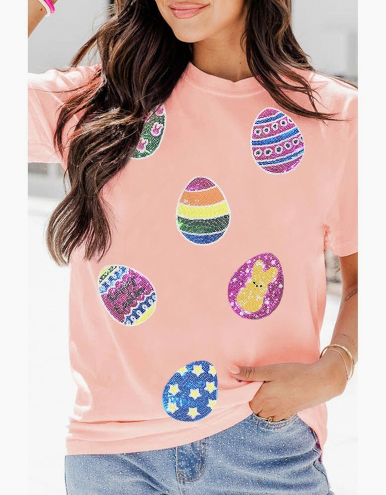 Pink Sequin Easter Eggs Graphic Crewneck T Shirt
