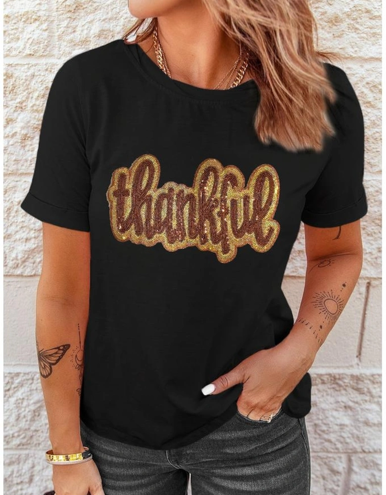 Black Sequined Thankful Round Neck Graphic Tee