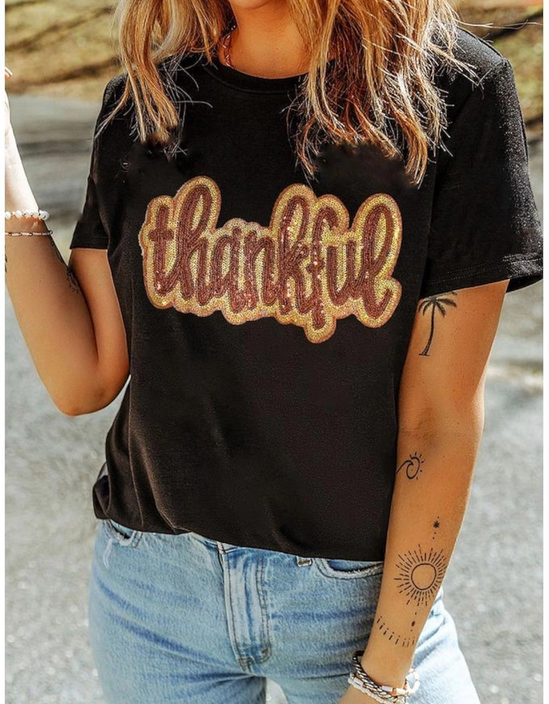 Black Sequined Thankful Round Neck Graphic Tee