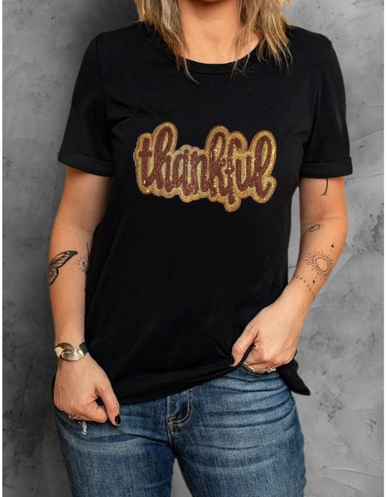 Black Sequined Thankful Round Neck Graphic Tee