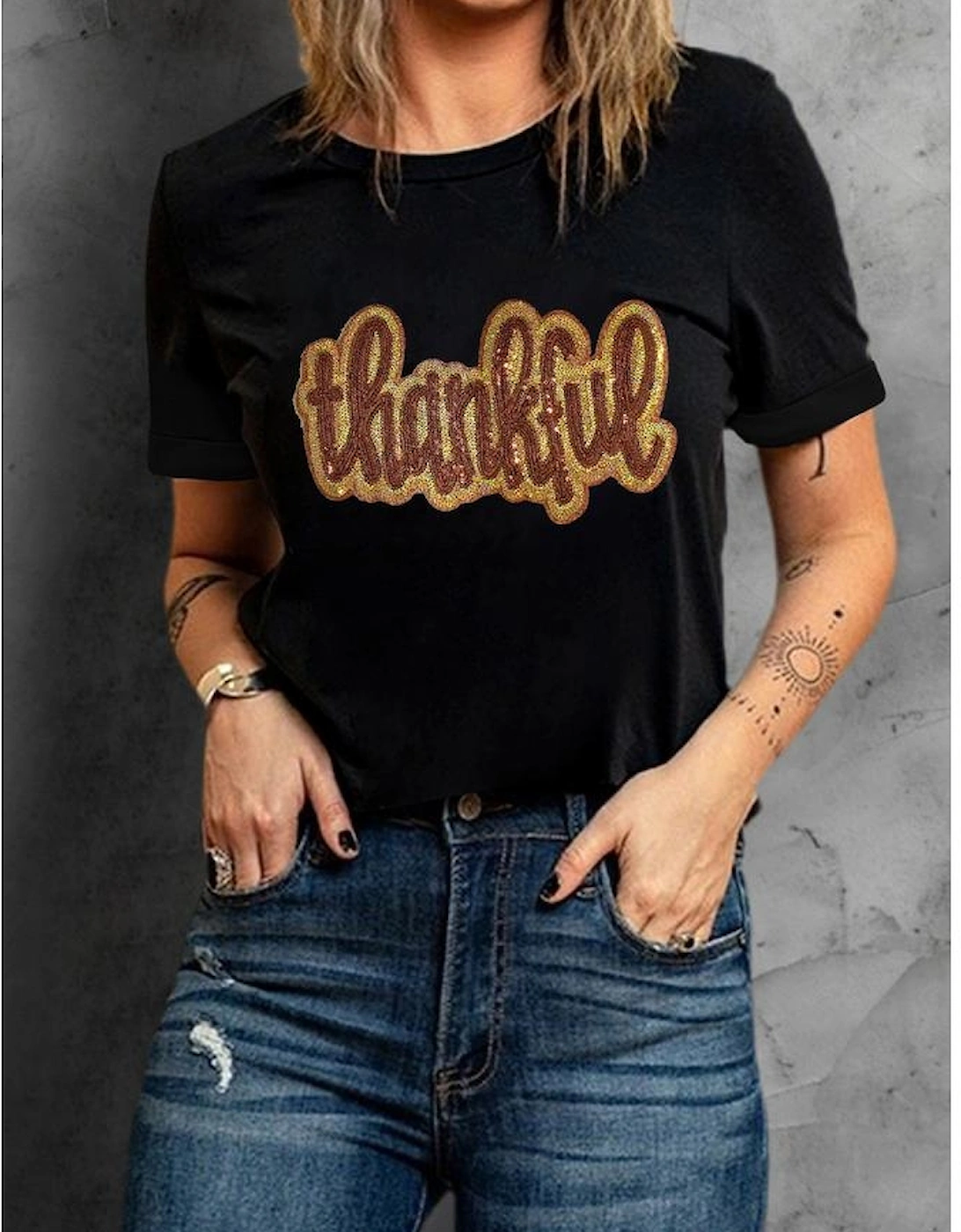 Black Sequined Thankful Round Neck Graphic Tee, 8 of 7