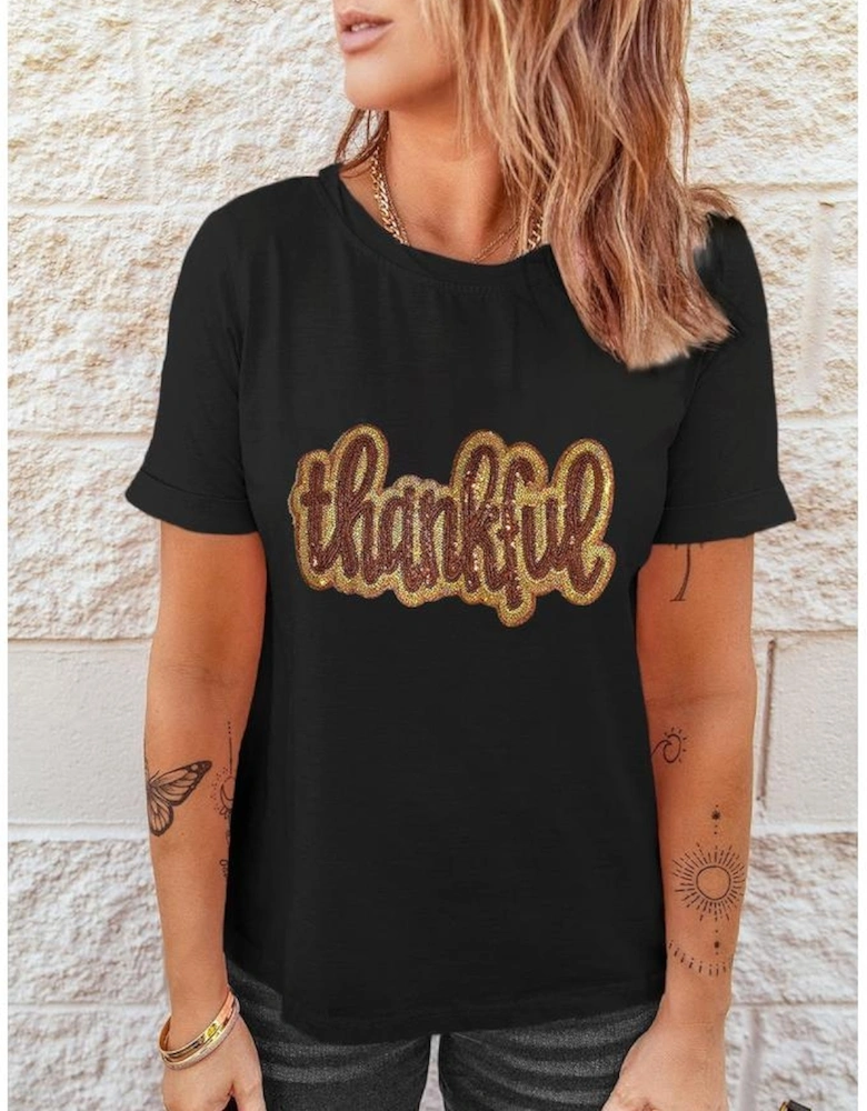 Black Sequined Thankful Round Neck Graphic Tee
