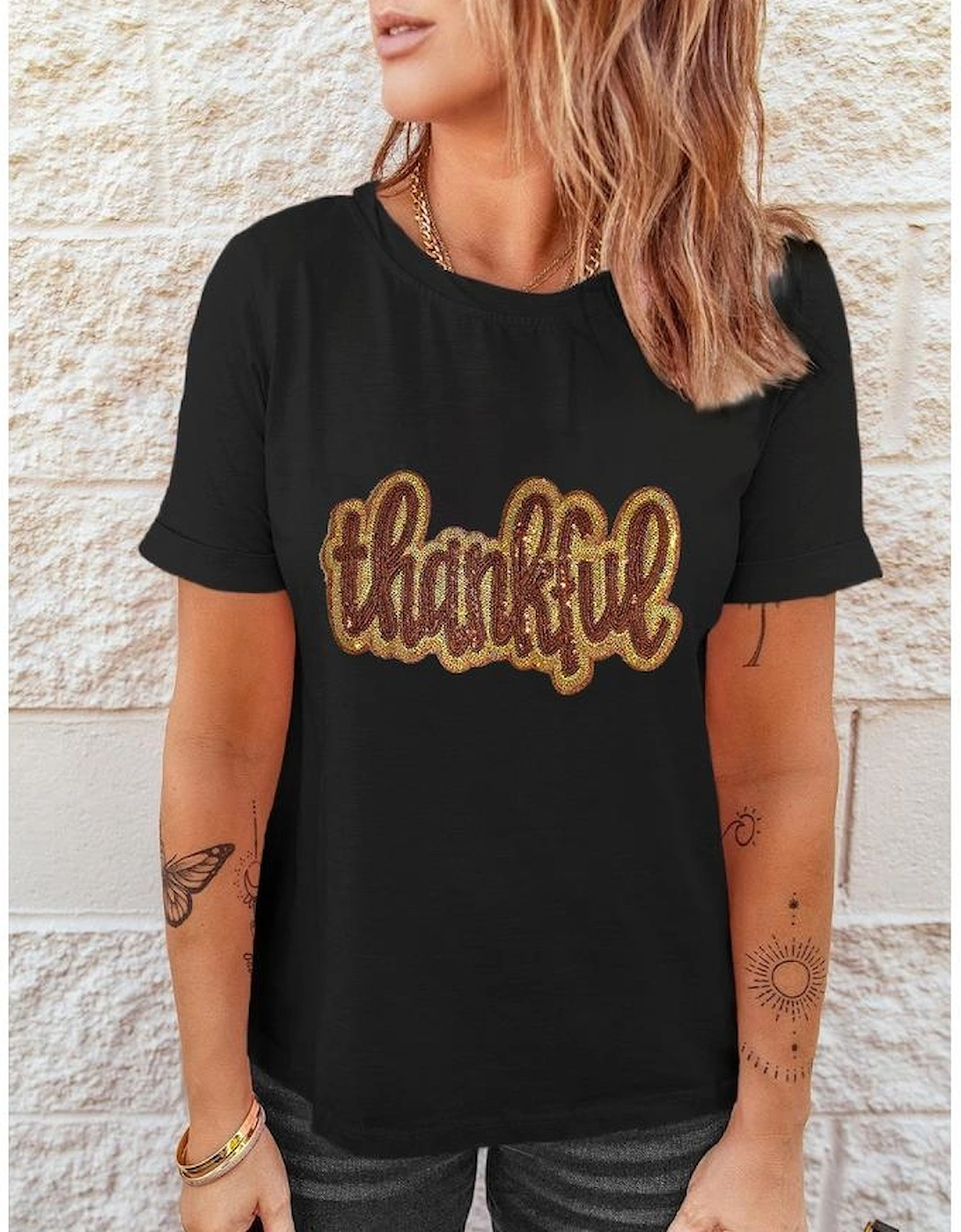 Black Sequined Thankful Round Neck Graphic Tee