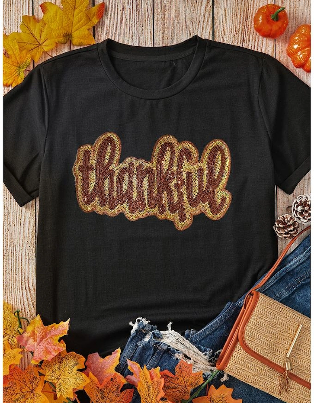Black Sequined Thankful Round Neck Graphic Tee