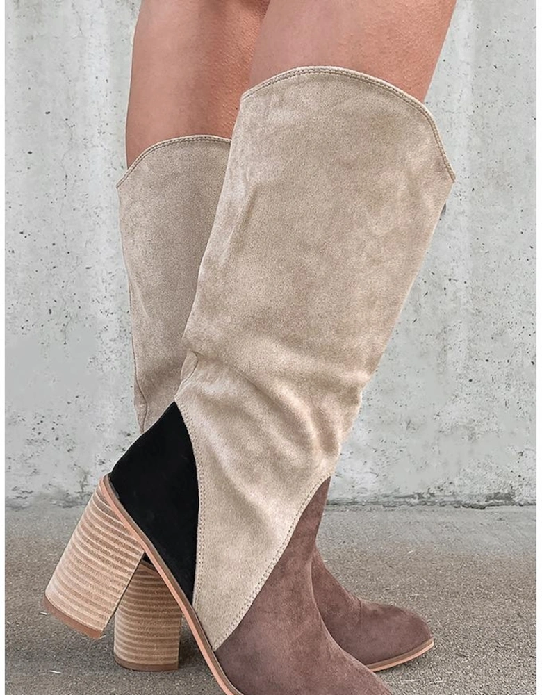 Coffee Suede Calf Length Chunky Heel Boots