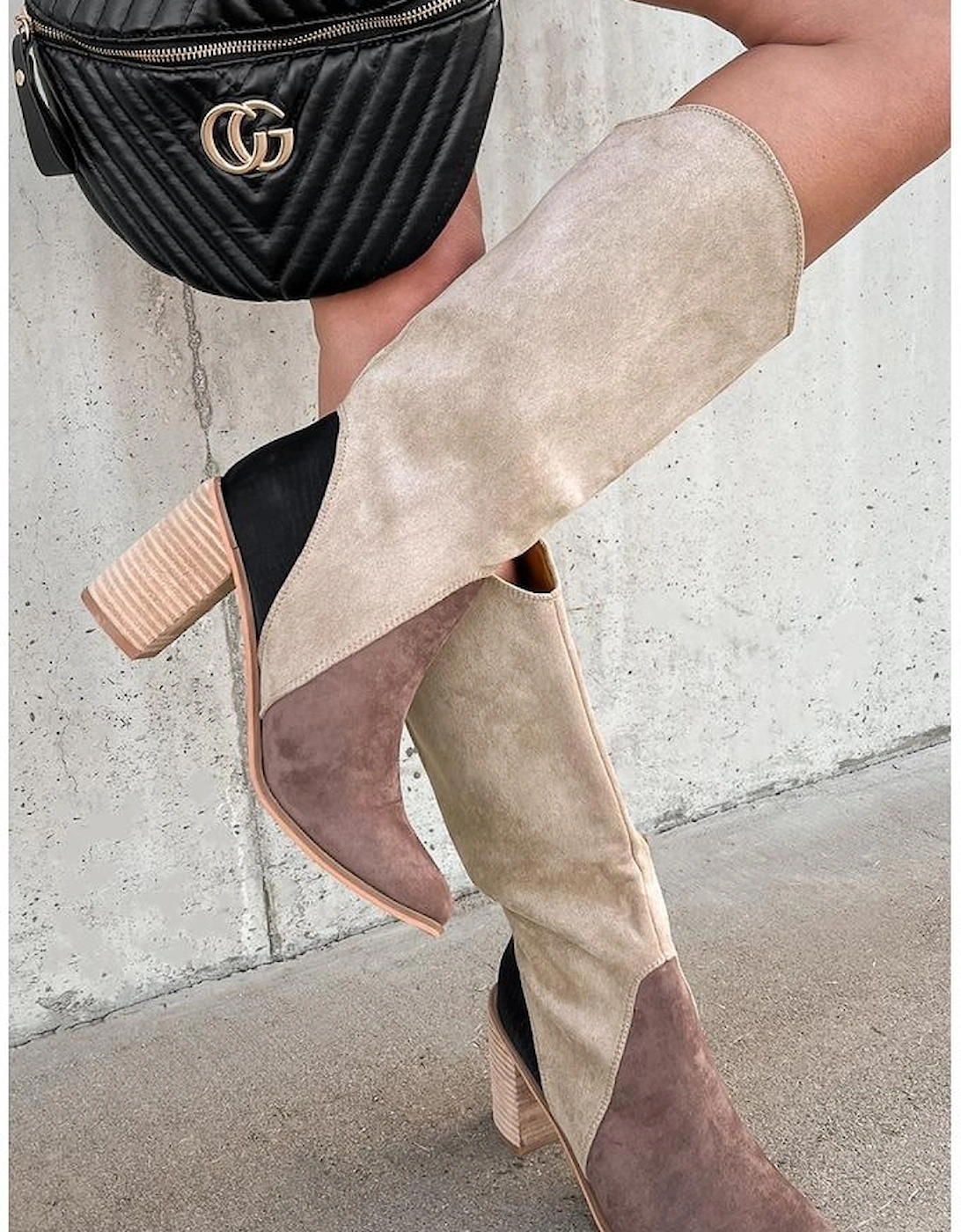 Coffee Suede Calf Length Chunky Heel Boots