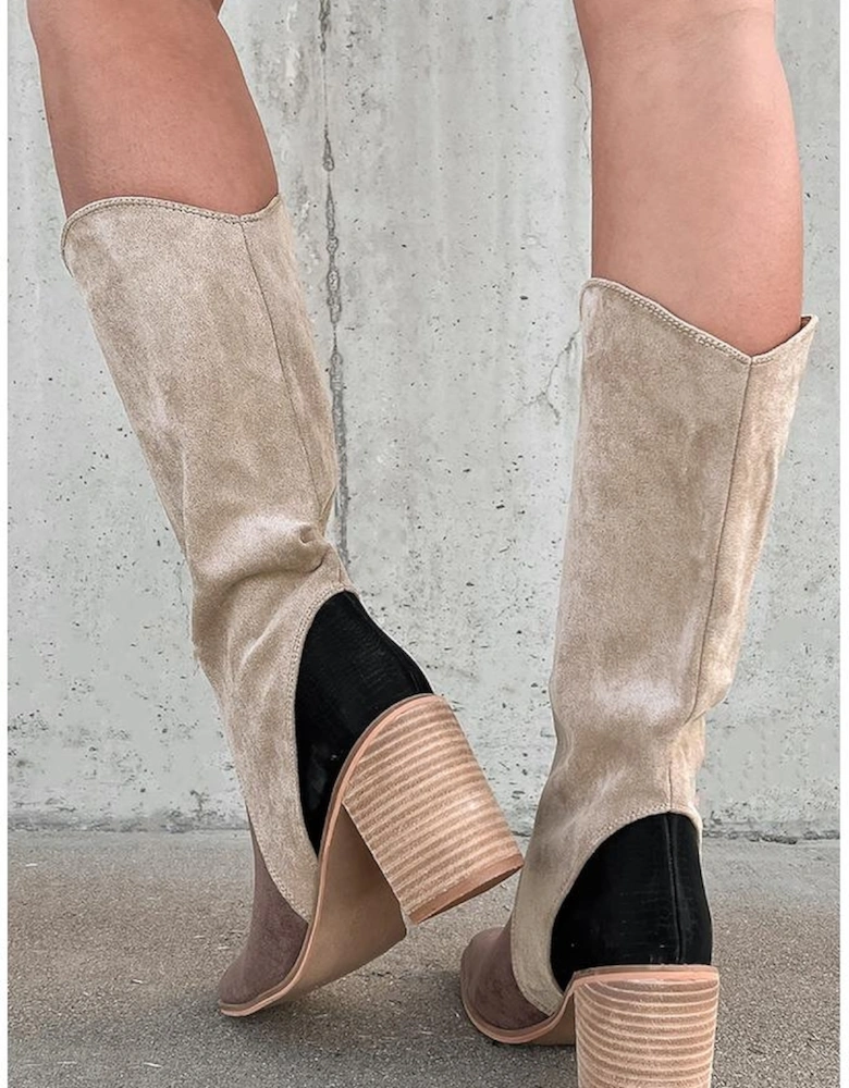 Coffee Suede Calf Length Chunky Heel Boots