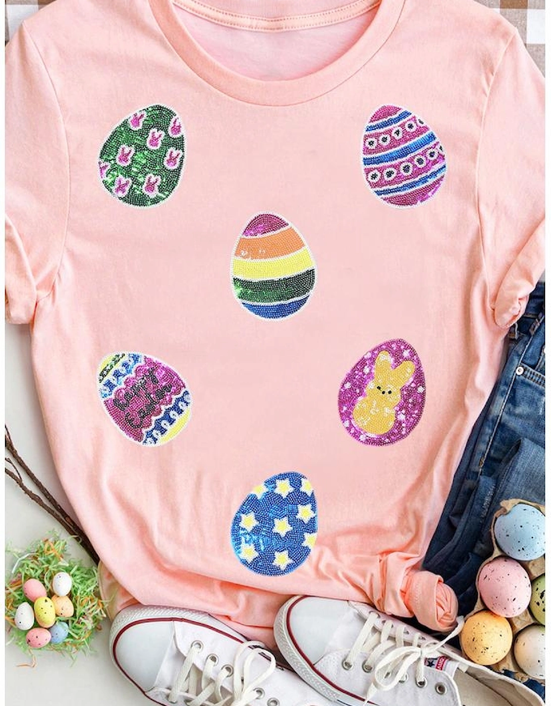 Pink Sequin Easter Eggs Graphic Crewneck T Shirt, 7 of 6