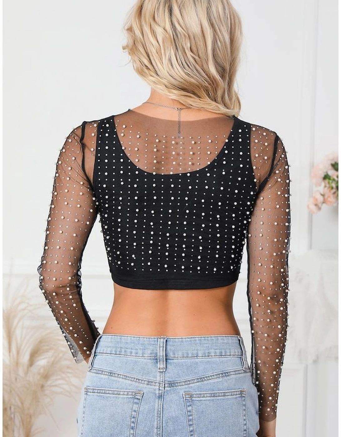 Black Pearl and Rhinestone Detail Sheer Mesh Top, 14 of 13