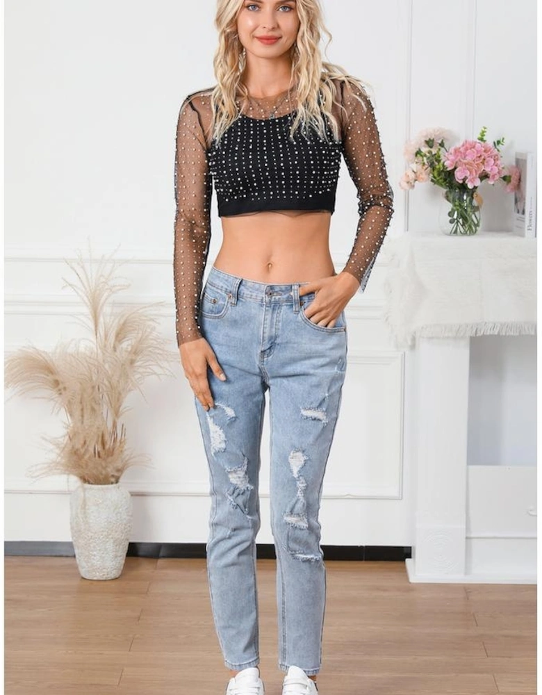 Black Pearl and Rhinestone Detail Sheer Mesh Top