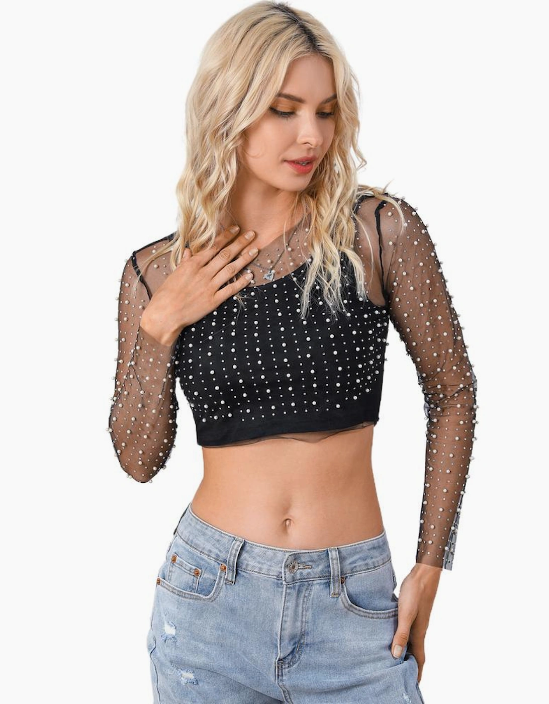 Black Pearl and Rhinestone Detail Sheer Mesh Top