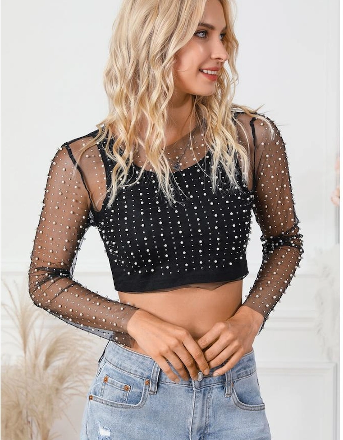 Black Pearl and Rhinestone Detail Sheer Mesh Top
