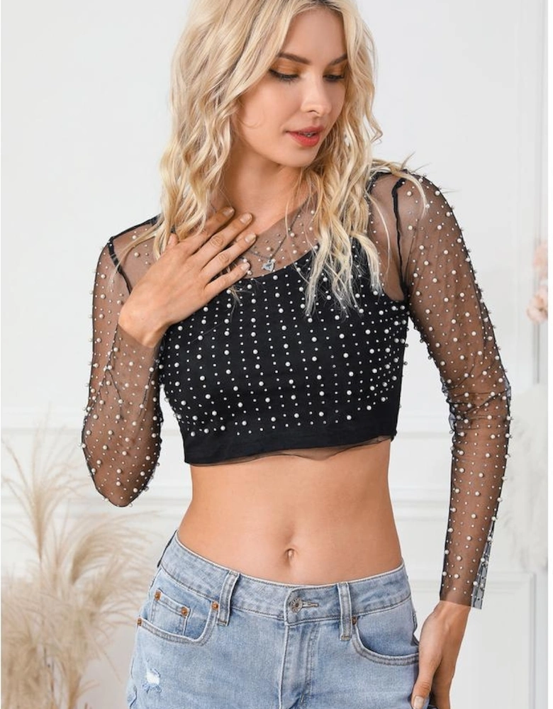 Black Pearl and Rhinestone Detail Sheer Mesh Top