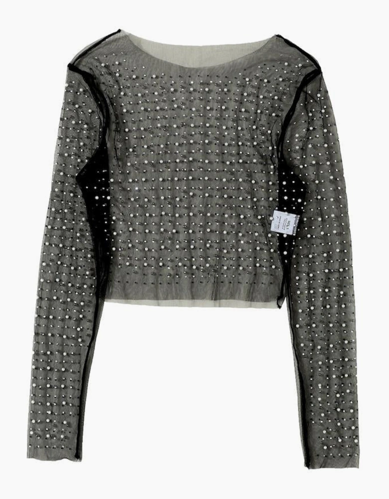 Black Pearl and Rhinestone Detail Sheer Mesh Top