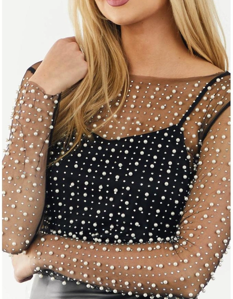 Black Pearl and Rhinestone Detail Sheer Mesh Top