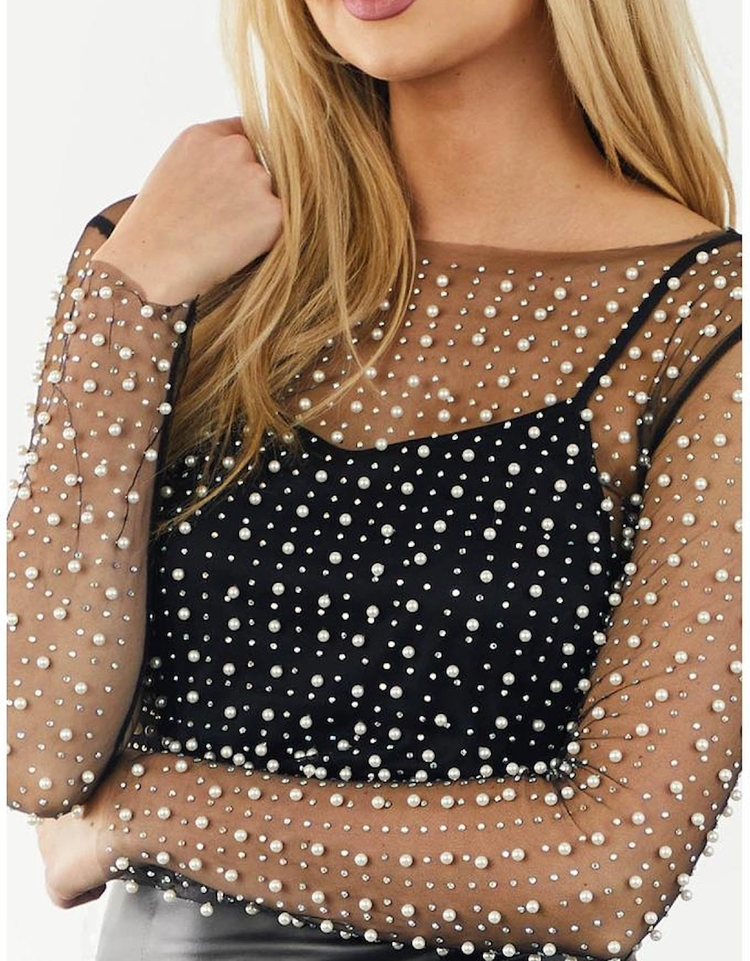 Black Pearl and Rhinestone Detail Sheer Mesh Top
