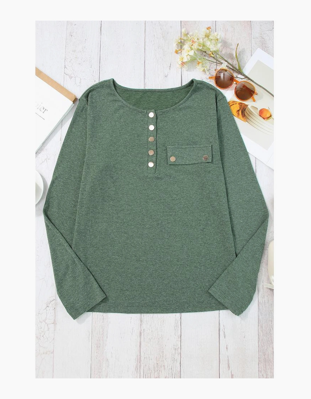 Mist Green Long Sleeve Snap Button Henley Top