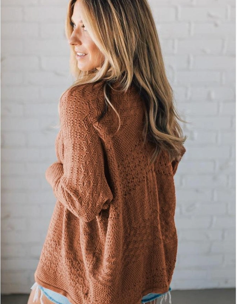 Redwood Burl Mix Pattern Hollowed Knit Open Front Cardigan
