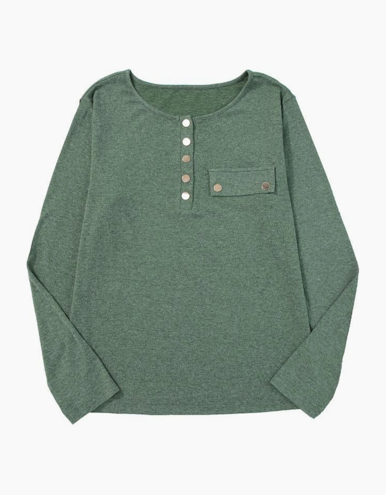 Mist Green Long Sleeve Snap Button Henley Top
