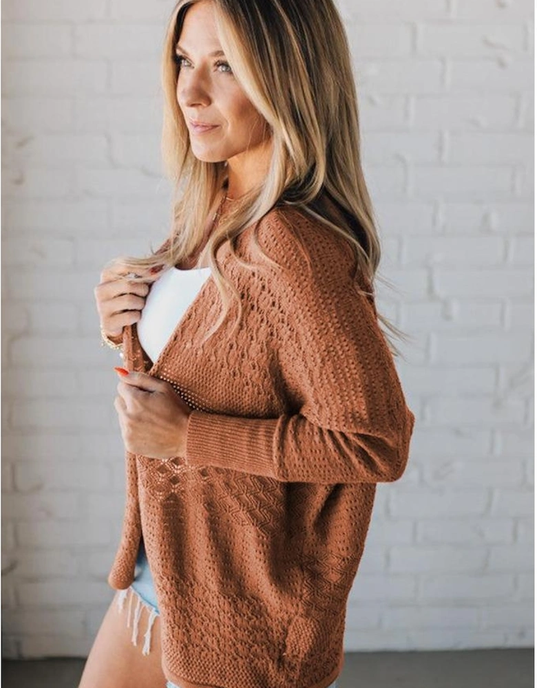 Redwood Burl Mix Pattern Hollowed Knit Open Front Cardigan