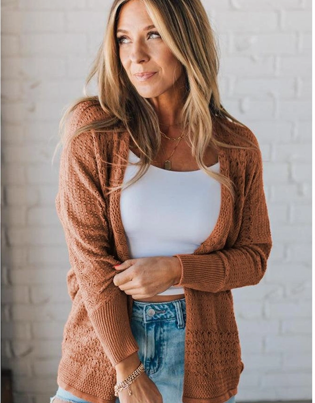 Redwood Burl Mix Pattern Hollowed Knit Open Front Cardigan