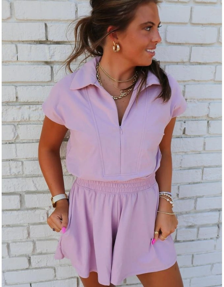 Orchid Bouquet Short Sleeve Zipper Collared Elastic High Waist Romper