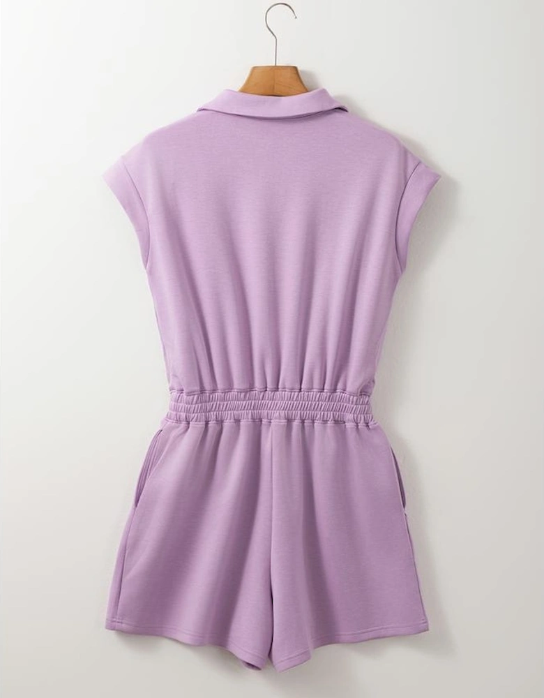 Orchid Bouquet Short Sleeve Zipper Collared Elastic High Waist Romper