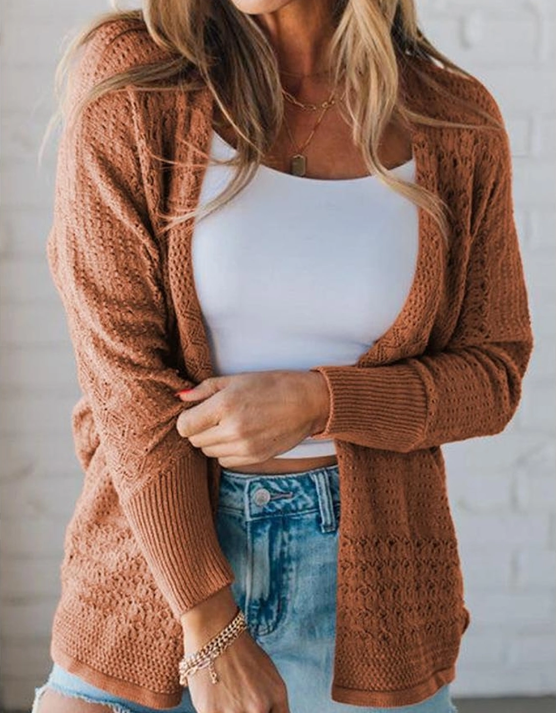 Redwood Burl Mix Pattern Hollowed Knit Open Front Cardigan