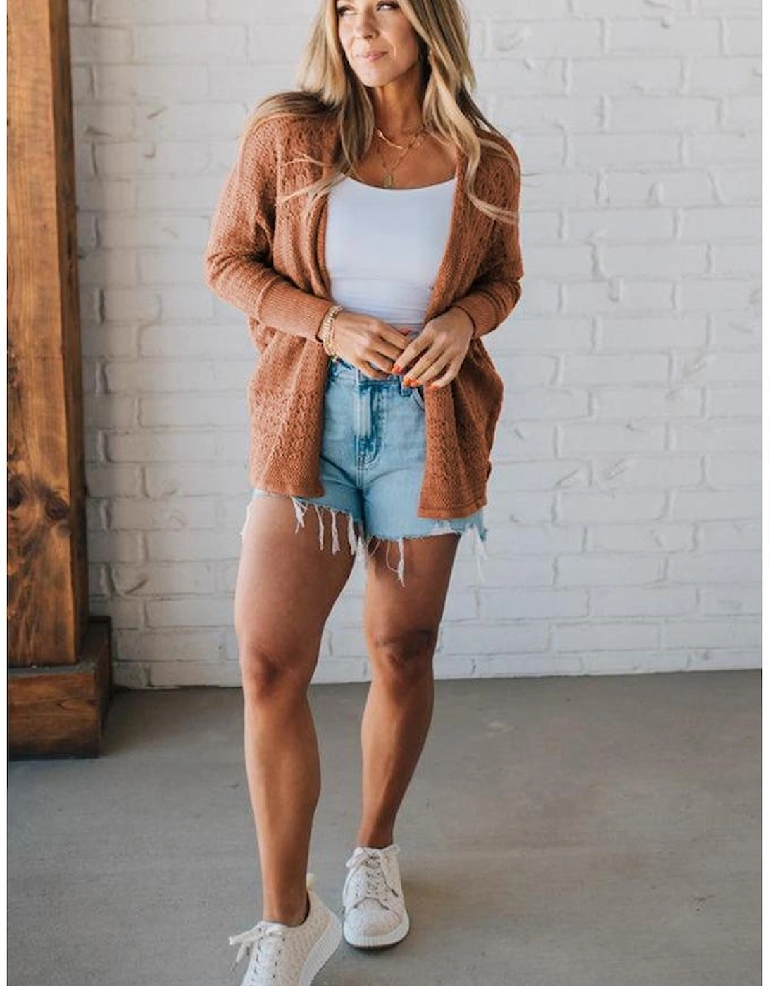 Redwood Burl Mix Pattern Hollowed Knit Open Front Cardigan