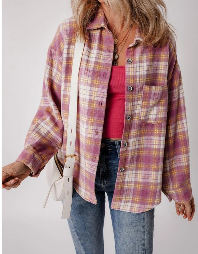 Pink Plaid Print Chest Pocket Long Sleeve Shacket