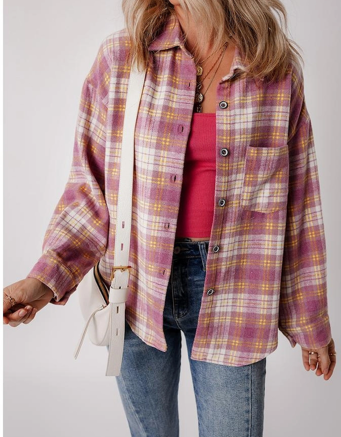 Pink Plaid Print Chest Pocket Long Sleeve Shacket