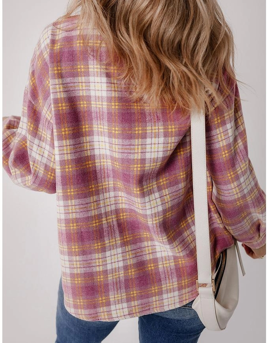 Pink Plaid Print Chest Pocket Long Sleeve Shacket