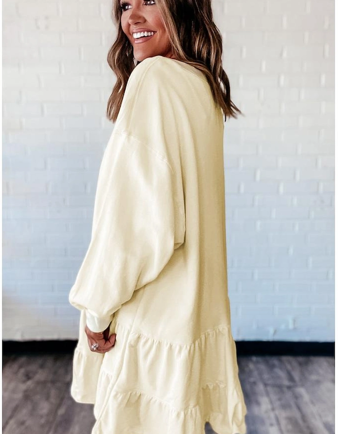 Beige Double Tiered Ruffle Hem Long Sleeve Loose Mini Dress, 15 of 14