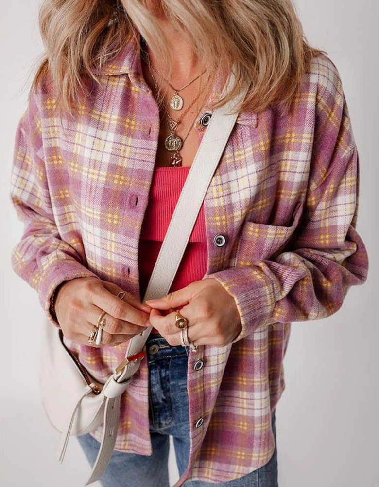 Pink Plaid Print Chest Pocket Long Sleeve Shacket