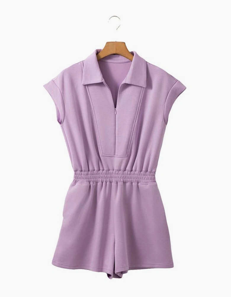 Orchid Bouquet Short Sleeve Zipper Collared Elastic High Waist Romper