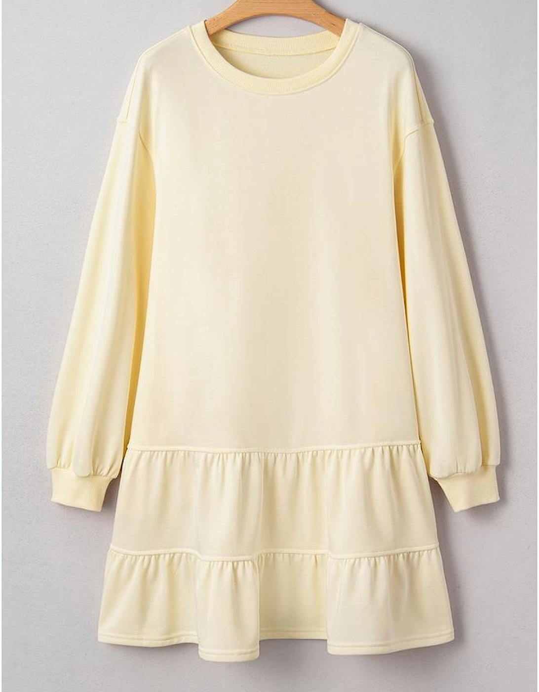 Beige Double Tiered Ruffle Hem Long Sleeve Loose Mini Dress